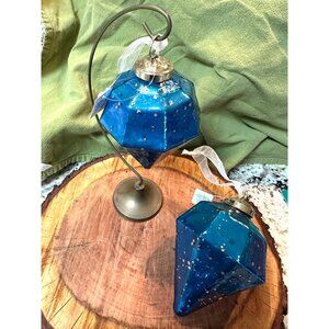 2 kugel style dillards handblown blue mercury Glass Gem-Shaped holiday Ornaments